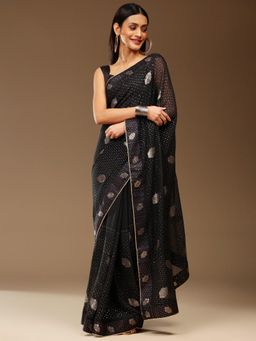 Akhilam - Womens Georgette Black Embellished Designer Saree with Unstitched Blouse