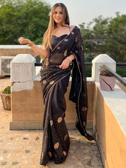 Akhilam - Womens Georgette Black Embellished Designer Saree with Unstitched Blouse
