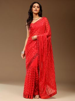 Akhilam - Womens Georgette Red Embellished Designer Saree with Unstitched Blouse