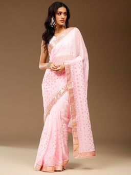 Akhilam - Womens Georgette Pink Embellished Designer Saree with Unstitched Blouse