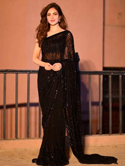 Womens Georgette Black Embellished Designer Saree with Unstitched Blouse