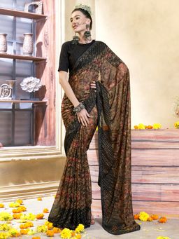 Sareemall - Womens Brasso Black Printed Celebrity Saree with Unstitched Blouse