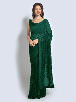 Akhilam - Womens Georgette Green Embellished Designer Saree with Unstitched Blouse