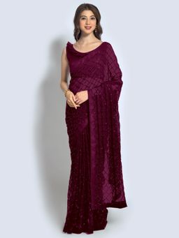 Akhilam - Womens Georgette Purple Embellished Designer Saree with Unstitched Blouse