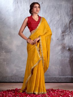 Akhilam - Womens Chiffon Yellow Embellished Designer Saree with Unstitched Blouse