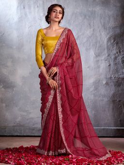 Akhilam - Womens Chiffon Maroon Embellished Designer Saree with Unstitched Blouse