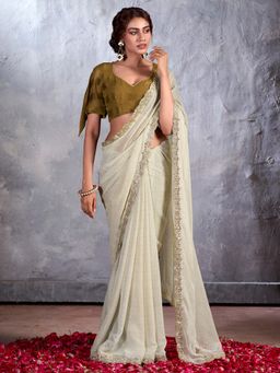 Akhilam - Womens Chiffon Off White Embellished Designer Saree with Unstitched Blouse