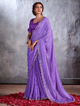 Akhilam - Womens Chiffon Purple Embellished Designer Saree with Unstitched Blouse