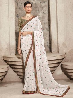 Akhilam - Womens Chiffon White Embroidered Designer Saree with Unstitched Blouse