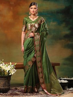 Akhilam - Womens Organza Green Woven Design Designer Saree with Unstitched Blouse