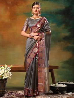Akhilam - Womens Organza Grey Woven Design Designer Saree with Unstitched Blouse