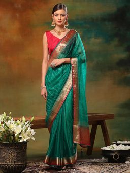Akhilam - Womens Organza Blue Embellished Designer Saree with Unstitched Blouse