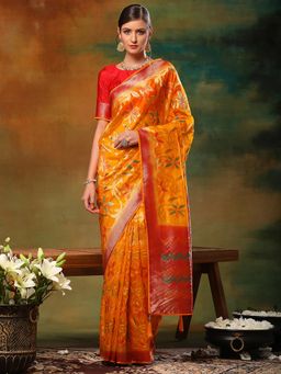 Akhilam - Womens Organza Yellow Embellished Designer Saree with Unstitched Blouse