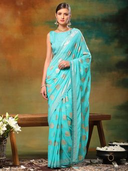 Akhilam - Womens Georgette Turquoise Embellished Designer Saree with Unstitched Blouse
