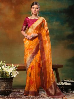 Akhilam - Womens Organza Yellow Woven Design Designer Saree with Unstitched Blouse