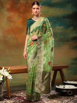 Akhilam - Womens Organza Green Woven Design Designer Saree with Unstitched Blouse