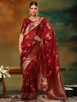 Akhilam - Womens Organza Maroon Woven Design Designer Saree with Unstitched Blouse
