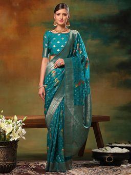 Akhilam - Womens Organza Blue Woven Design Designer Saree with Unstitched Blouse