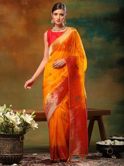 Akhilam - Womens Organza Yellow Woven Design Designer Saree with Unstitched Blouse