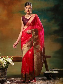 Akhilam - Womens Organza Pink Woven Design Designer Saree with Unstitched Blouse