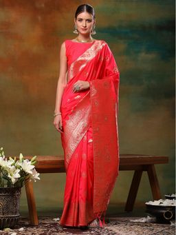 Akhilam - Womens Silk Blend Pink Woven Design Designer Saree with Unstitched Blouse