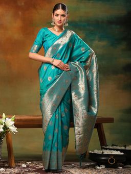 Akhilam - Womens Silk Blend Blue Woven Design Designer Saree with Unstitched Blouse