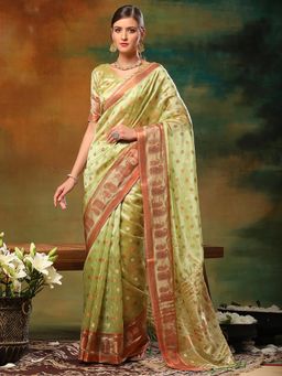 Akhilam - Womens Organza Light Green Woven Design Designer Saree with Unstitched Blouse