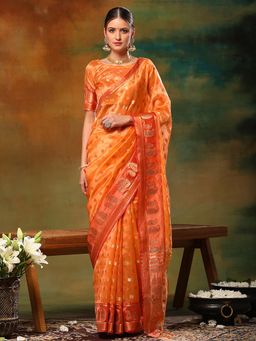 Akhilam - Womens Organza Orange Woven Design Designer Saree with Unstitched Blouse