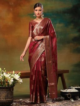Akhilam - Womens Organza Burgundy Woven Design Designer Saree with Unstitched Blouse