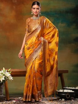 Akhilam - Womens Organza Yellow Woven Design Designer Saree with Unstitched Blouse