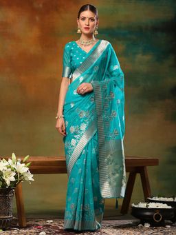 Akhilam - Womens Organza Blue Woven Design Designer Saree with Unstitched Blouse