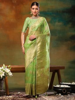 Akhilam - Womens Organza Light Green Woven Design Designer Saree with Unstitched Blouse