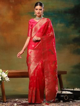 Akhilam - Womens Organza Pink Woven Design Designer Saree with Unstitched Blouse