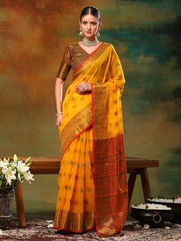 Akhilam - Womens Cotton Blend Yellow Woven Design Designer Saree with Unstitched Blouse