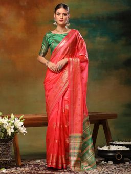 Akhilam - Womens Organza Pink Woven Design Designer Saree with Unstitched Blouse