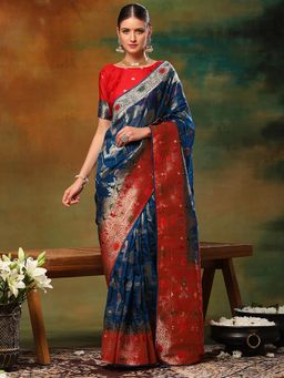Akhilam - Womens Organza Blue Embellished Designer Saree with Unstitched Blouse