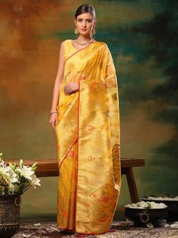 Akhilam - Womens Organza Yellow Embellished Designer Saree with Unstitched Blouse