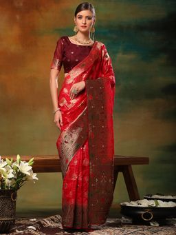 Akhilam - Womens Organza Red Woven Design Designer Saree with Unstitched Blouse
