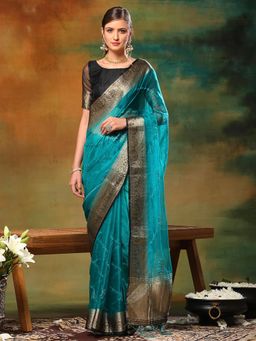 Akhilam - Womens Organza Blue Woven Design Designer Saree with Unstitched Blouse