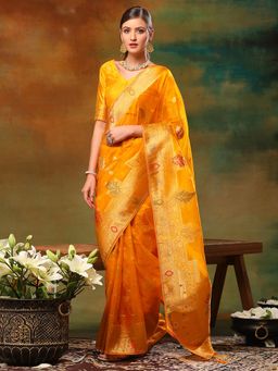 Akhilam - Womens Organza Yellow Woven Design Designer Saree with Unstitched Blouse