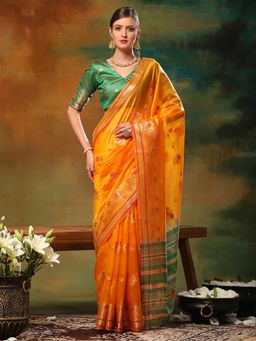 Akhilam - Womens Organza Yellow Woven Design Designer Saree with Unstitched Blouse