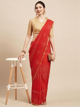 Sareemall - Womens Chiffon Red Embellished Designer Saree with Unstitched Blouse