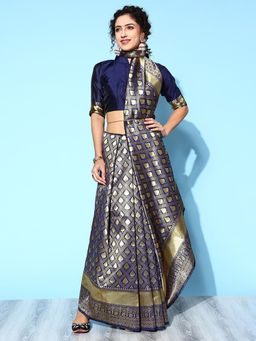 Sareemall - Womens Silk Blend Navy Blue Woven Design Designer Saree with Unstitched Blouse