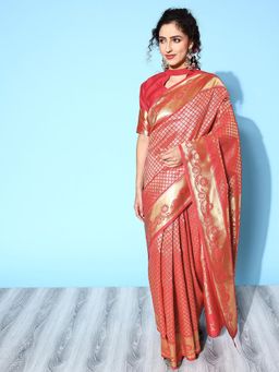Sareemall - Womens Silk Blend Maroon Woven Design Designer Saree with Unstitched Blouse