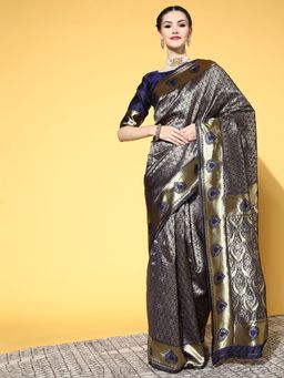 Sareemall - Womens Silk Blend Navy Blue Woven Design Designer Saree with Unstitched Blouse