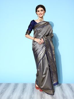Sareemall - Womens Silk Blend Navy Blue Woven Design Designer Saree with Unstitched Blouse