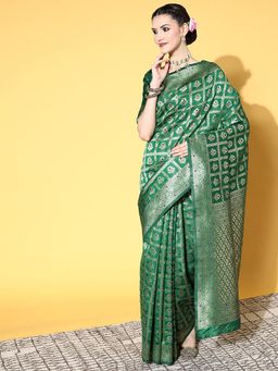 Sareemall - Womens Silk Blend Green Woven Design Designer Saree with Unstitched Blouse