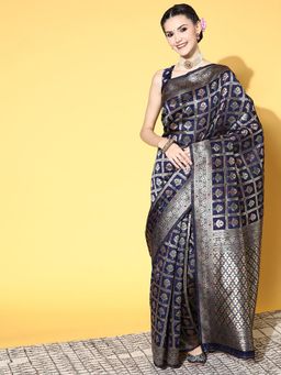 Sareemall - Womens Silk Blend Navy Blue Woven Design Designer Saree with Unstitched Blouse