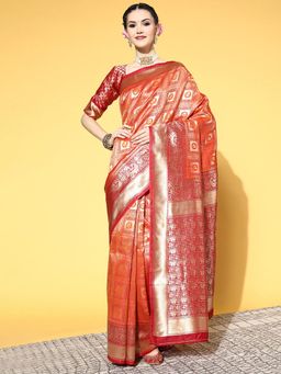Sareemall - Womens Silk Blend Orange Woven Design Designer Saree with Unstitched Blouse