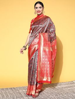 Sareemall - Womens Silk Blend Maroon Woven Design Designer Saree with Unstitched Blouse